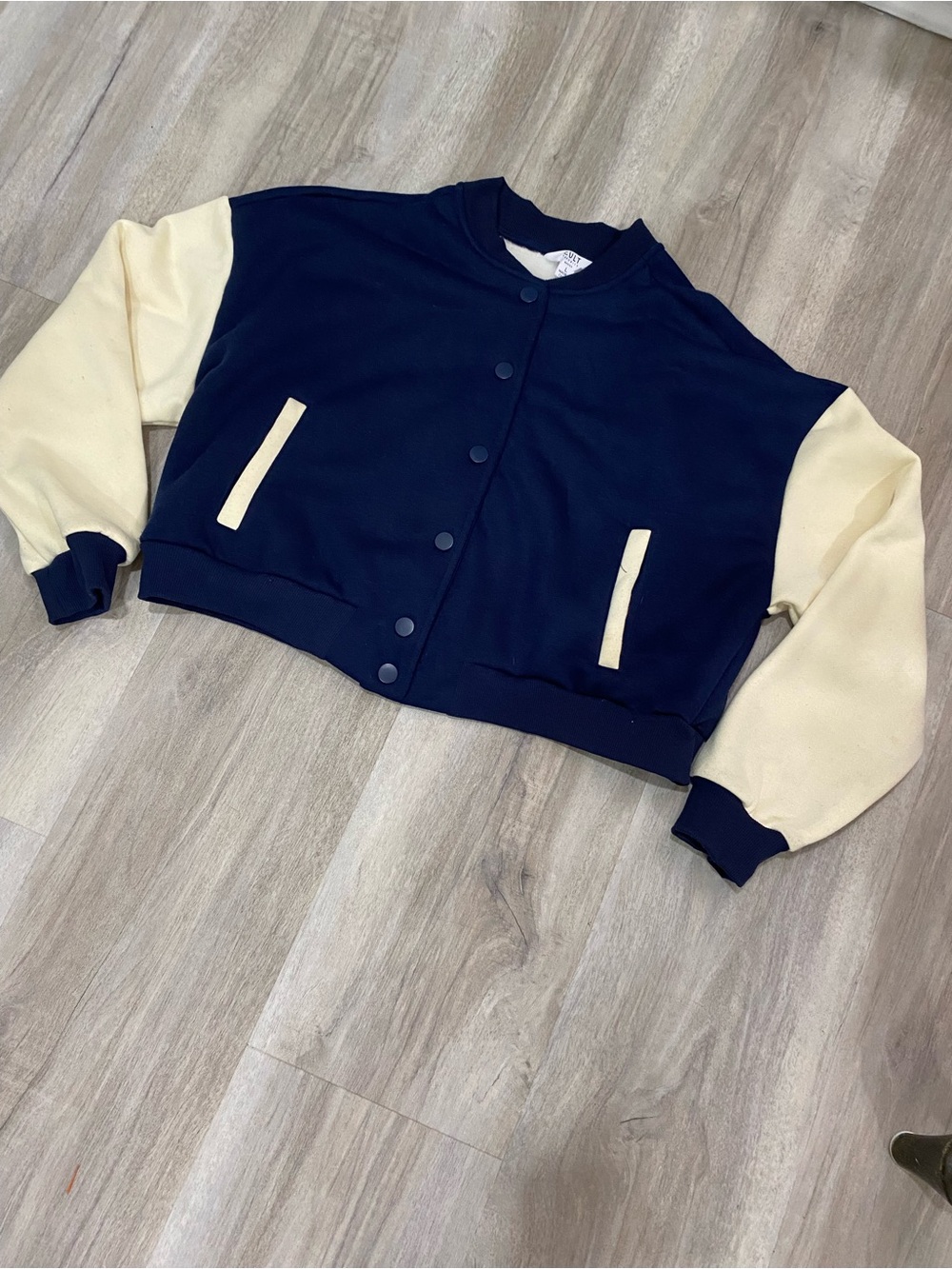 Navy and Cream Cropped Varsity Jacket
